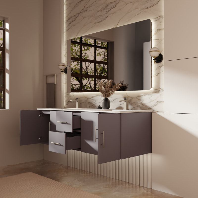 Geneva 60" Wall-Mounted Double Bathroom Vanity Set, Dark Gray, White Cultured Marble