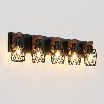 31 - Inch Vintage 5 Wall Sconce With Black Metal Cage And Wooden Accents For Bathroom, Kitchen, Dressing Room, Material, Easy Setup Industrial Lighting Rustic Wood Hallway, Bedroom, Living Compatible