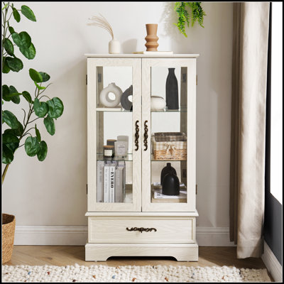 Armoire en verre blanc avec 2 portes, 1 tiroir, tablettes réglables et éclairage interne pour la présentation et le rangement