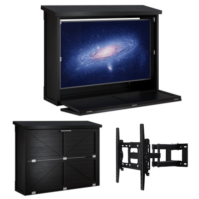Outdoor TV Enclosure 55 Inch Wood Weatherproof TV Box with Adjustable Wall TV Mount, Vertical Door Design, Protective Cabinet for Patio & Deck, Space-Saving Easy Access Black