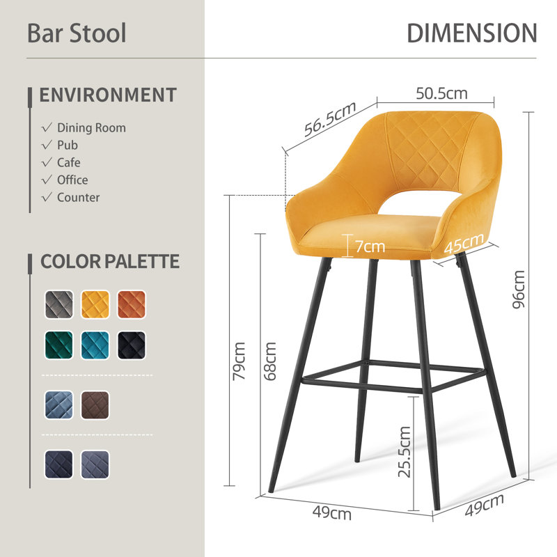 Sunni 67cm Velvet Upholstered Arm Bar Stool with Footrest, Yellow