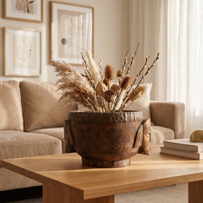 Handcrafted Tribal Wooden Bowl Planter with Carved Face Detail – Rustic Bohemian Tabletop Décor Accent
