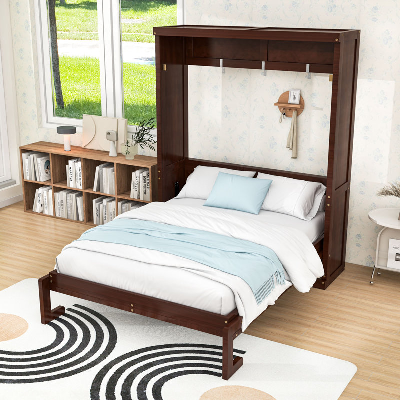 Lit escamotable en bois avec lattes, Lit double, Espresso