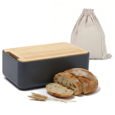 Boîte à pain - Boîte à pain en acier très épais avec couvercle en planche de bambou et sac à pain à cordon - Boîte en métal scandinave moderne pour comptoir de cuisine, au levain et pain maison - Noir