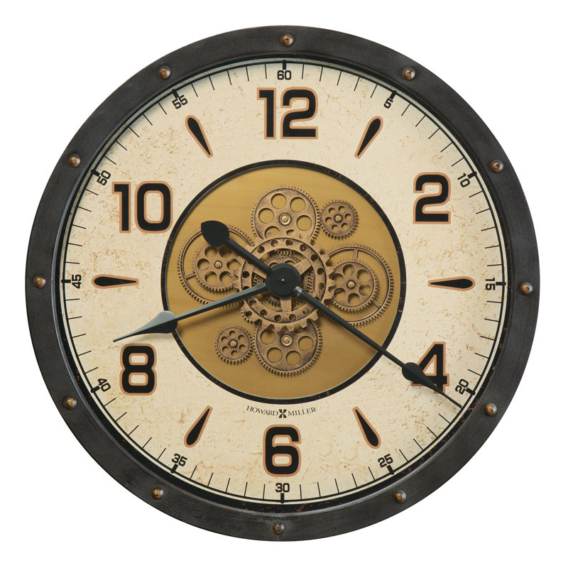Garth Modern & Contemporary Wall Clock, Aged Charcoal Metal Frame with Decorative Rivets and Moving Antique Brass Gears   