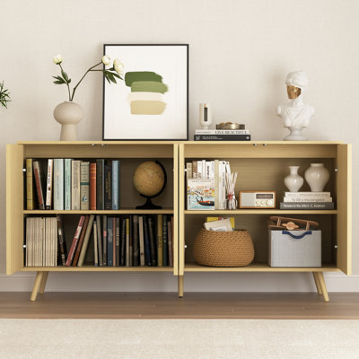 Long Sideboard Buffet Cabinet with 4 Doors and Adjustable Shelves for Living Room Kitchen Dining Room Natural Wood Credenza
