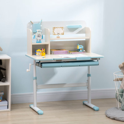 Wooden Kids Study Desk, Height Adjustable Children School Study Table, Student Writing Desk With Tilt Desktop, Drawer, Storage Shelf, Pen Holder