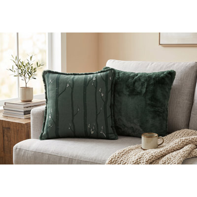 Coussin décoratif « Arbre de la forêt », 43 x 43 cm, vert foncé avec revers en fausse fourrure ultra-douce pour canapé ou sofa