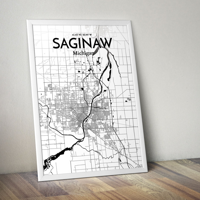 Saginaw City Map - Unframed Graphic Art Print on Paper, 43.2cm H x 27.9cm W x 0.13cm D, Grey