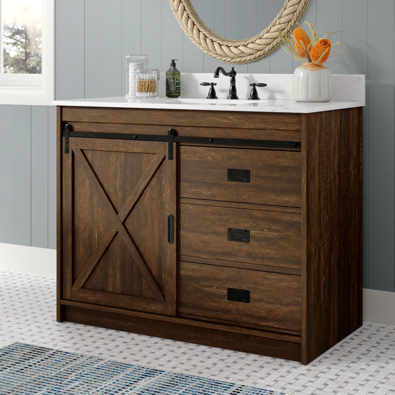 Jillian 42' Single Bathroom Vanity with Engineered Stone Top, Rustic Brown/Matt Black