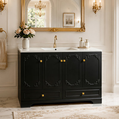 Meuble-lavabo de style campagnard français noir de 122 cm (48 po) avec détails sculptés, 4 portes à fermeture douce et 2 tiroirs, meuble de rangement autoportant