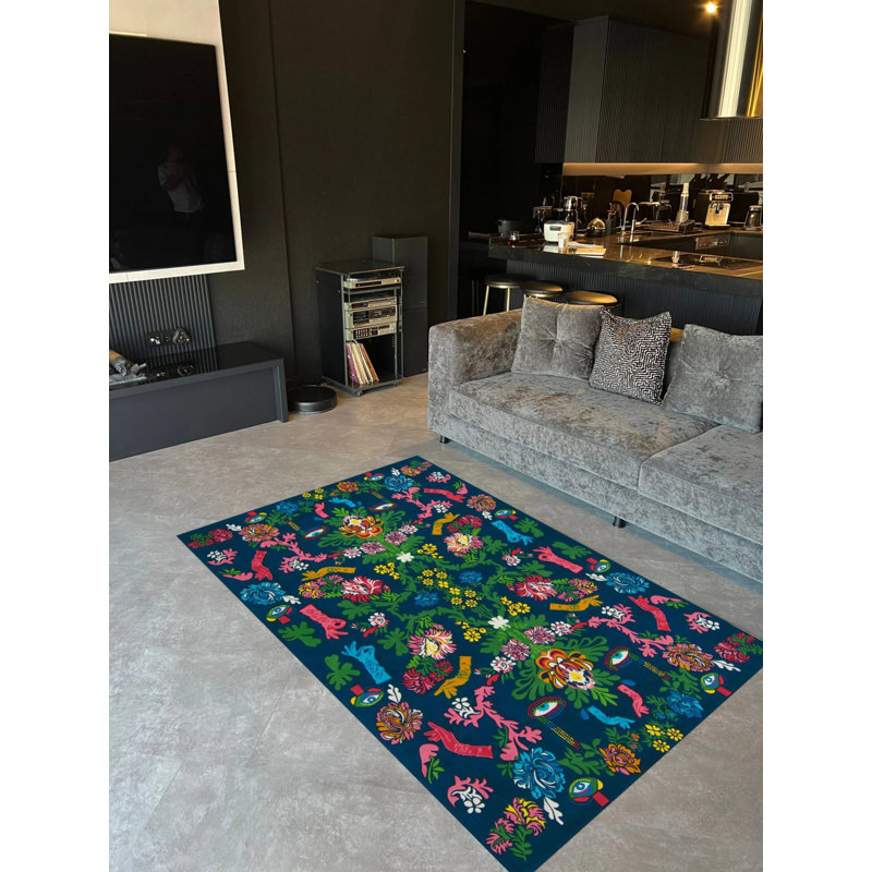 Tapis bleu marine / rose en polypropylène tissé à la machine Siro, Rectangle 3 pi 11 po x 6 pi 7 po