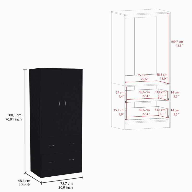 Armoire 2 portes 2 tiroirs, Black