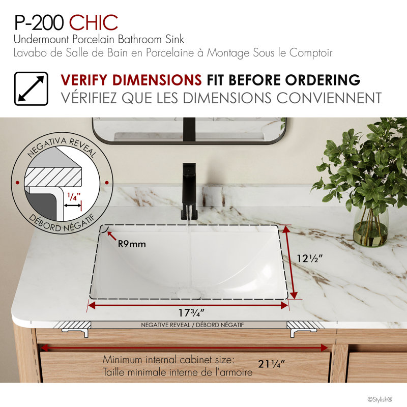 Lavabo de salle de bain rectangulaire encastrable blanc en porcelaine 20,75 po x 15,5 po