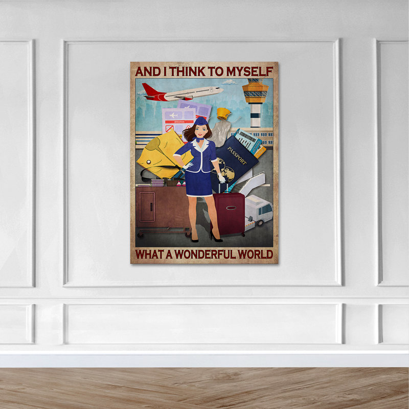 «A Flight Attendant» - et je pense à moi-même «What a Wonderful World», toile tendue avec décor de personnes, décor de salon bleu