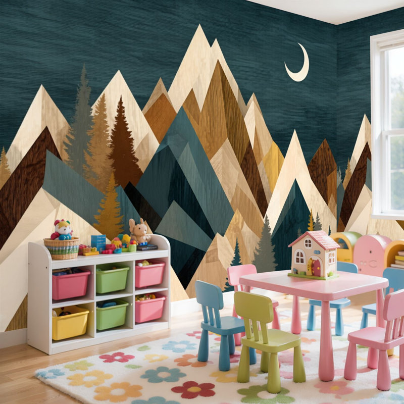 Papier peint adhésif peler et coller Mountain Nature Forest Rustic Farmhouse Moon Peaks Layered Layered, L 96 po x l 69 po