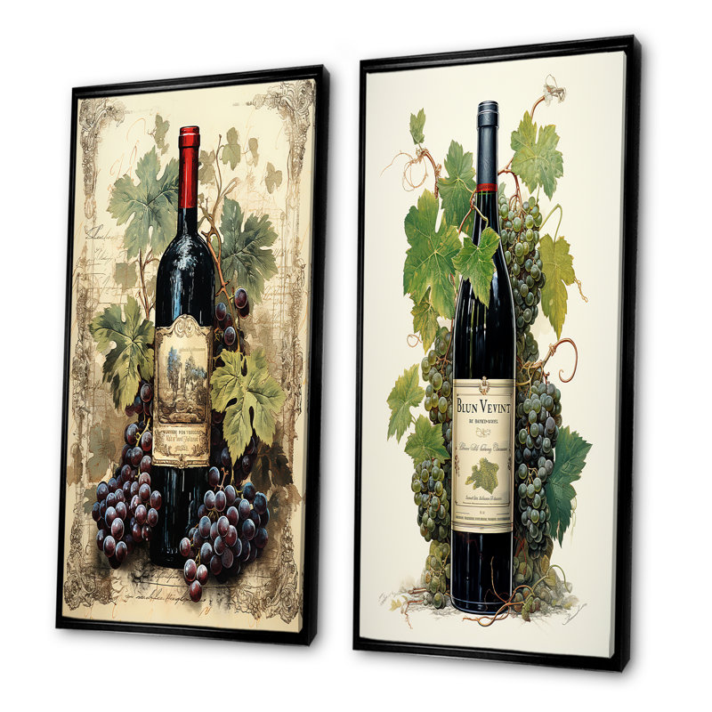 French French Wine Bordeaux Bounty - Ensemble de 2 décorations murales vin et champagne, Cadre noir, H 32 po x l 33 po