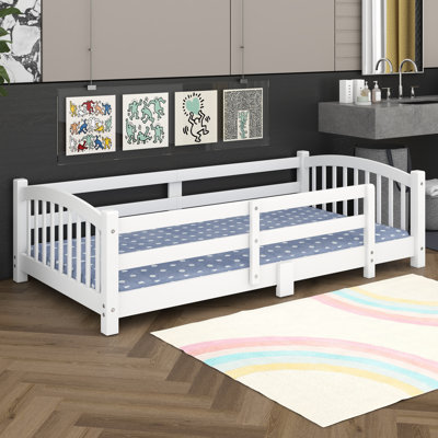 Twin Size Floor Bed, Wood Bed Frame With Slats And Guardrails For Bedroom, No Box Spring Needed