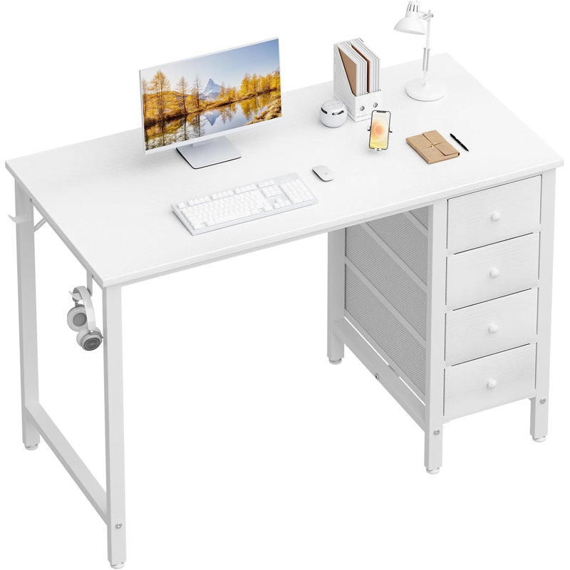 Computer Desk with 4 Drawers, Fabric Drawers Writing Desk, 29.5" H x 39.4" W x 19.7" D, White