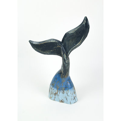 Olli Tabletop and Shelf Coastal Decor with Carved, Distressed Blue Indonesian Albesia Wood Whale Tail Sculpture — 16" H X 10.75" L X 3" W