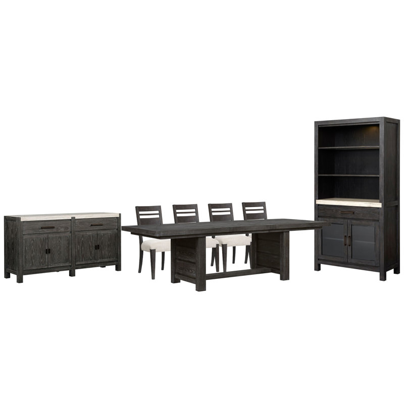 Table de salle à manger extensible avec tréteaux et 4 chaises d'appoint, 7 pièces: table, 4 chaises, buffet, vitrine