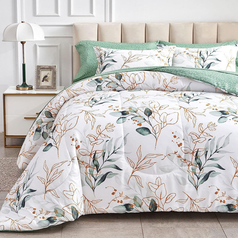 Green and Gold Botanical Microfiber Queen Bed in a Bag Set
