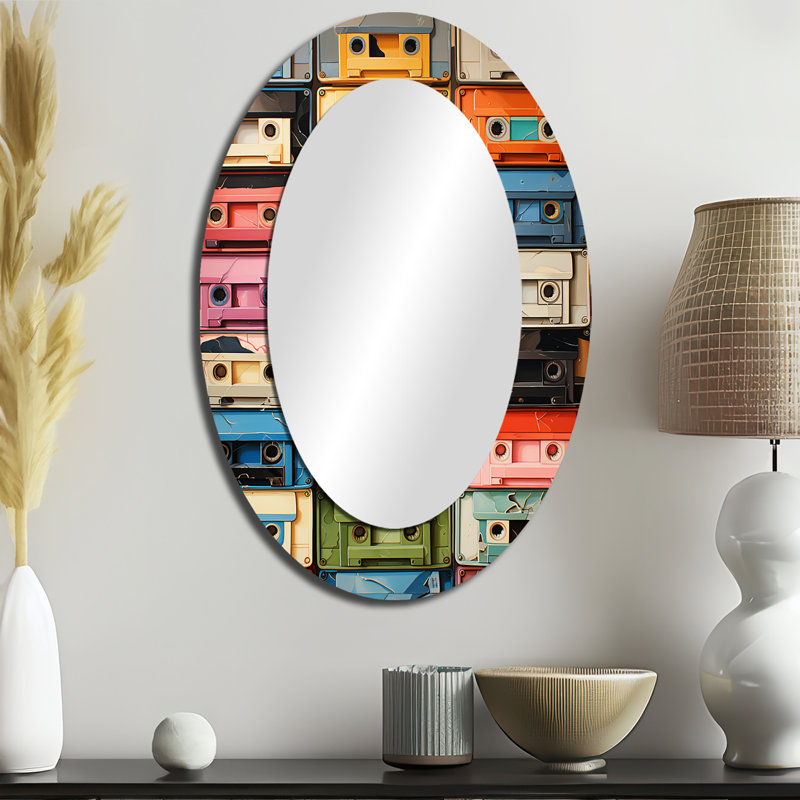 Popart Cassette Tapes X - Multi-Color Oval Wall Mirror Decor, 36" x 24"