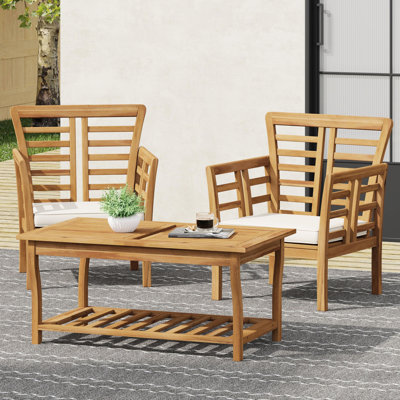 Modern 2 Club Chairs + Table In Brown, Crafted From Wood With Slat Panels Made Of Wood, Design, Paneling, Weather , Assembly Required, 28.16 In.D, 23.66 In.W, 32.89 In.H