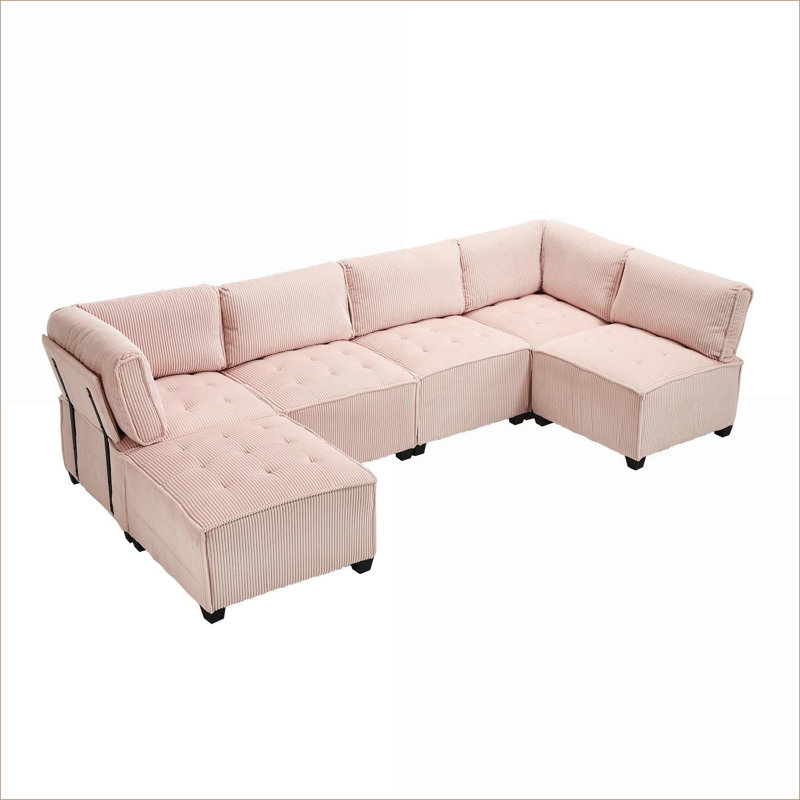 Sectional Sofas | 6-Seat U Shaped Modular Reversible Chaise, Modern Couch for Living Room | Pink | Corduroy, Pink Corduroy