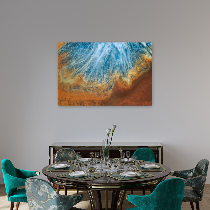 Affiche murale abstraite représentant un paysage contemporain vibrant et abstrait d'un delta fluvial., H 48 po x l 32 po