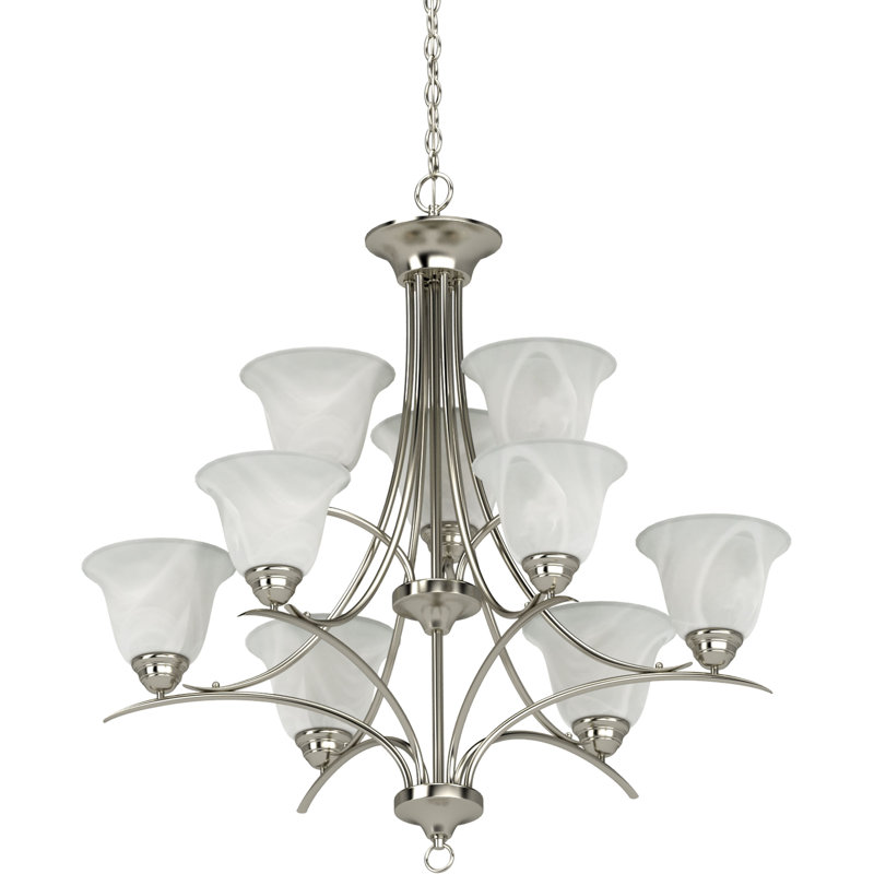 Whetsel 9-Light Indoor Brushed Nickel Classic/Traditional Tiered Chandelier with Alabaster Glass Bell Shades, Brushed Nickel