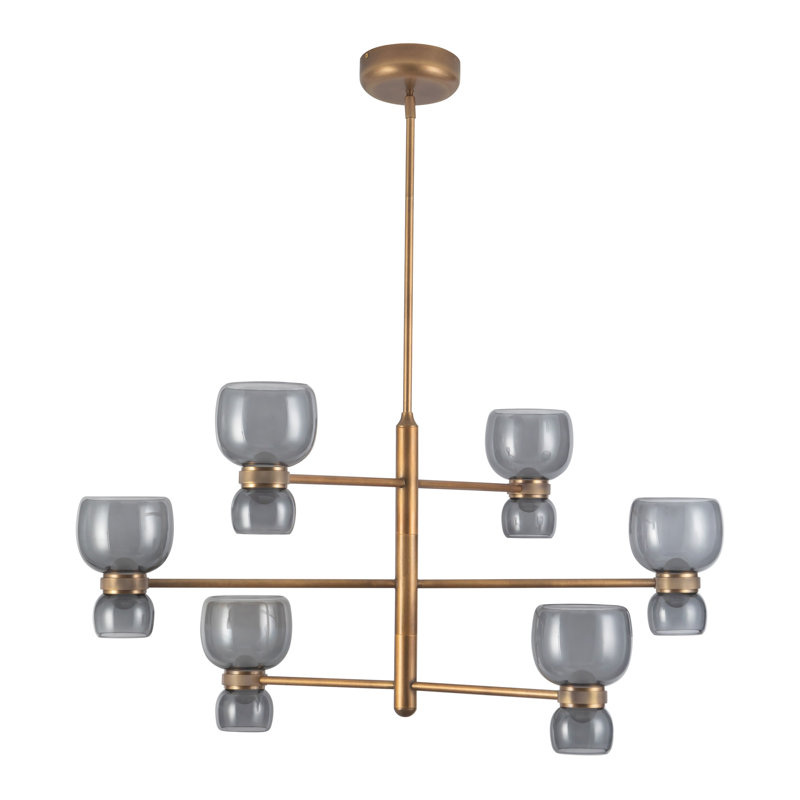 Sutton 36-in Black dimmable LED Chandelier, Smoked Glass, Antique Brass