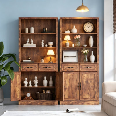 Bibliothèque de 70,1 po de hauteur avec tiroirs et armoire, 5 niveaux, poignées en métal