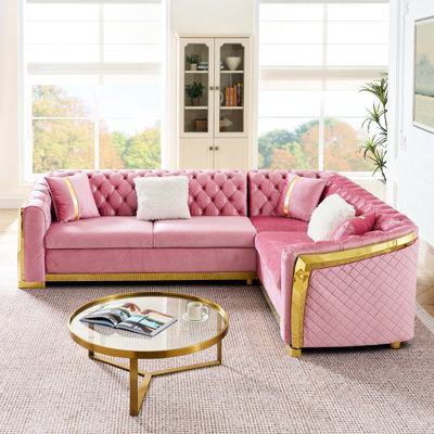 Canapé modulaire en forme de L rose de luxe de 106 pouces, accents en acier inoxydable doré, bouton en velours, 5 sièges, coussins moelleux, dossier, facile à assembler pour le salon avec coussins de canapé, éponge haute