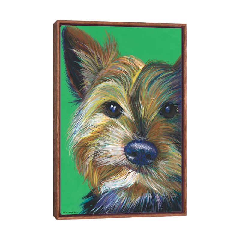 Yorkshire Terrier On Emerald by Kirstin Wood - Painting on Canvas, 152.5 cm H x 101.5 cm W, Classic Brown Wood Framed