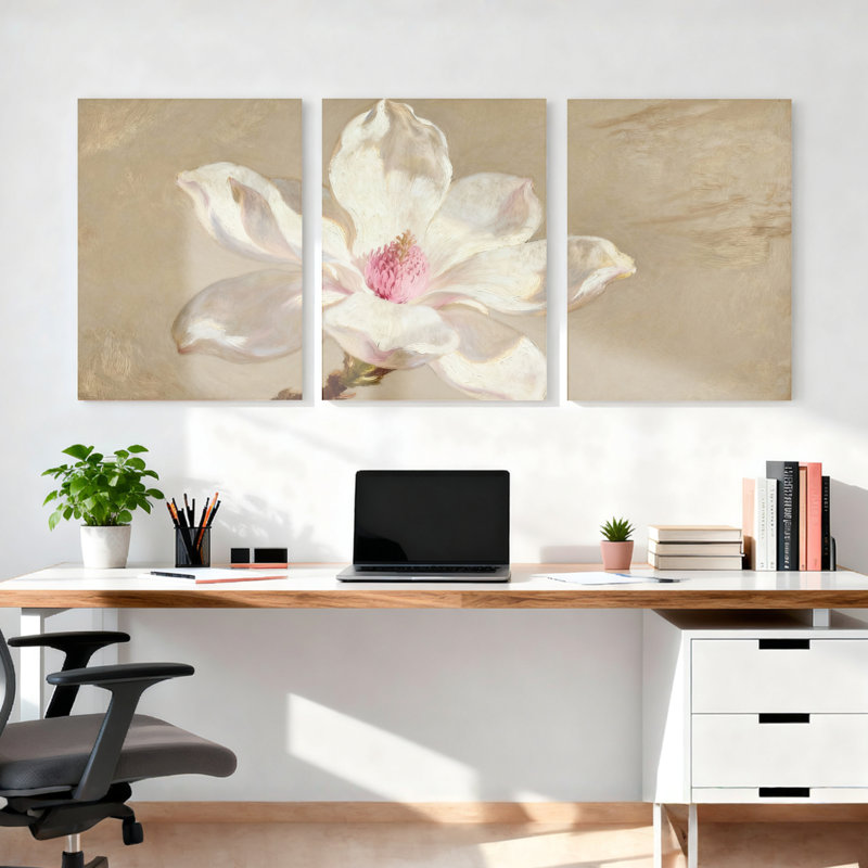 Ensemble de 3 tableaux muraux sur toile tendue représentant des fleurs de magnolia, pour salon et chambre., H 30 po x l 60 po