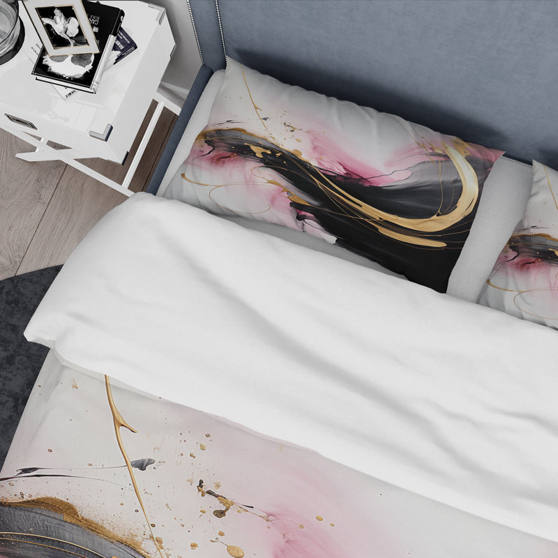 Abstract Gold Wave Pink I - Ensemble de housse de couette Abstract - Microfibre de polyester