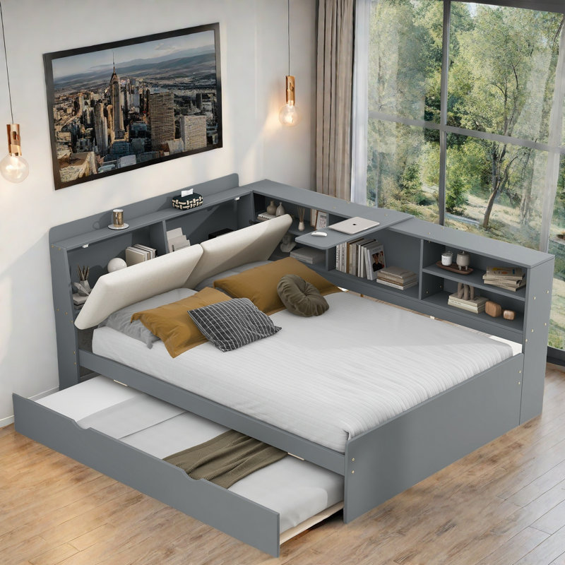 Lit plateforme avec lit gigogne, tablettes de rangement, tête de lit tapissier et plateau de rangement rotatif, Gris, Full