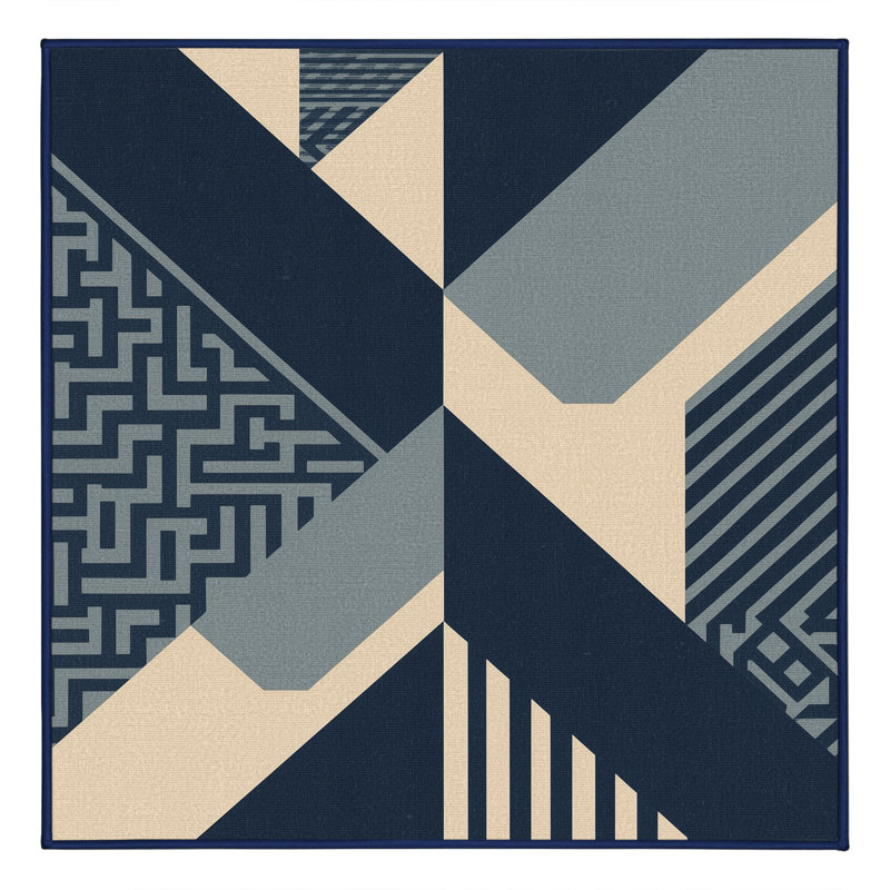 Machine Washable Bensonhurst Global Inspired Block Print Rug in Gray – Navy Binding, 4' Square