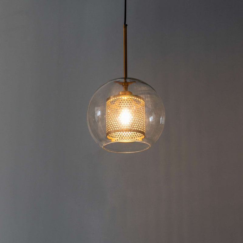 Modern Minimalist Ceiling Pendant Light – Mesh Metal Globe with Glass Lantern Shade, E27 Bulb