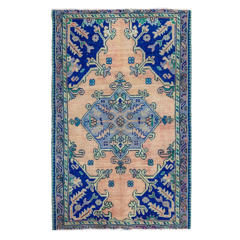 Tapis rétro bleu unique en laine 3 pi 5 po x 5 pi 6 po années 1970