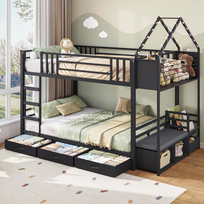Twin Over Twin House Bunk Bed with 3 Storage Drawers, Bookshelf and LED String Lights, Low Metal Bunk Bed Frame for Kids with Padded Corner, No Box Spring Needed