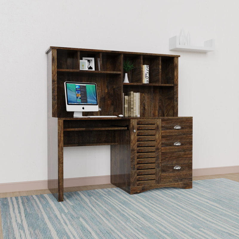 Home Office Computer Desk with 3 Large Drawers & Hutch, Brown
