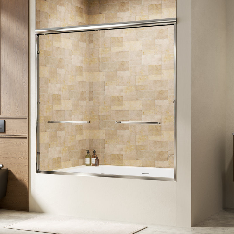 Double Sliding Tub Door Aluminum Frame with 1/4" (6mm) Clear Tempered Glass, Chrome, 56" - 60" W x 57" H