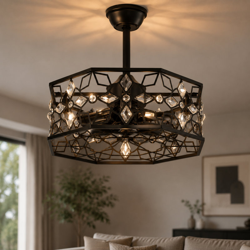 18.1" Modern Black Caged Ceiling Fan with Remote and Crystal Light Kit