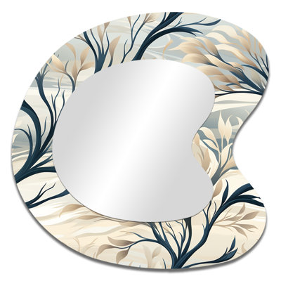 Grey Minimalist Tree Landscape - Floral Asymmetrical Mirror, Black Unique Shape Unique Wall Mirror, Printed Metal Art