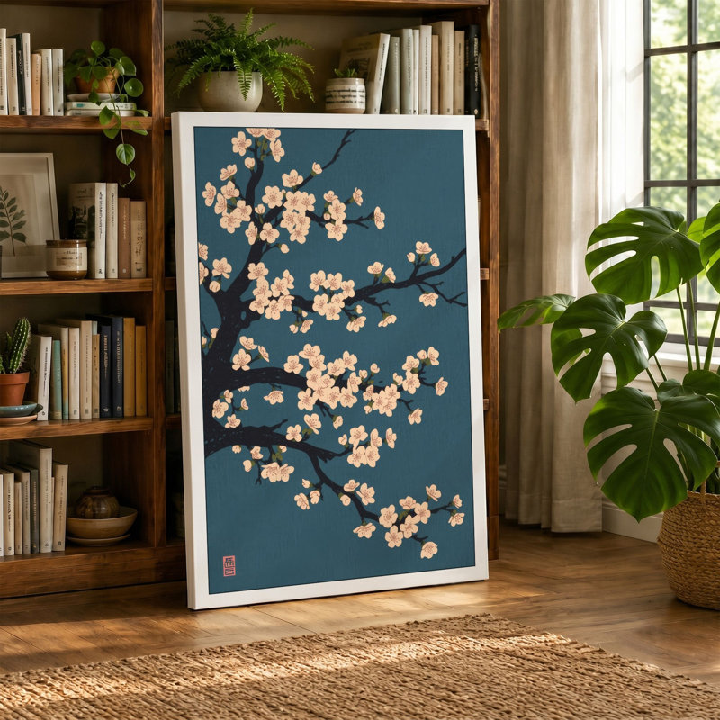 Moonlit Cherry Blossom Japandi - Wrapped Canvas, 24x16 - 61.0 x 40.6 cm, Teal Border