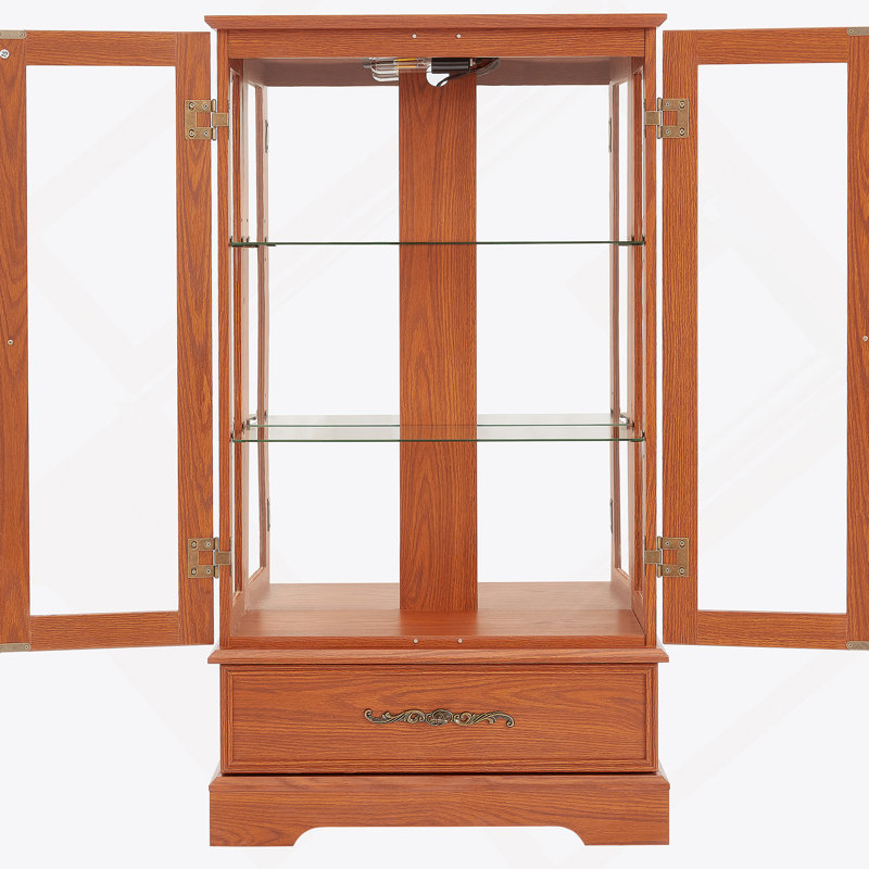 Lighted Glass Curio Cabinet With Adjustable Shelves, Vintage Handles, Anti - Tip Device, Drawer And Mirrored Back For Displaying Treasured Items