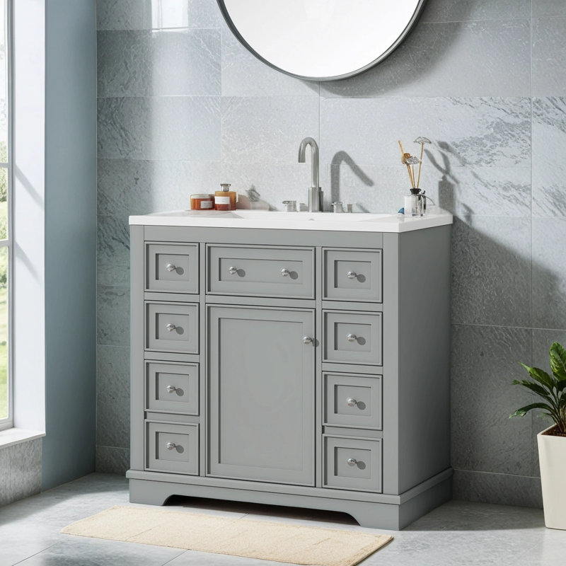 Nir 36'' Free Standing Single Bathroom Vanity with Ceramic Top, Gray