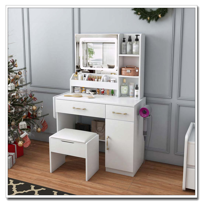 Vanity Desk with LED Mirror, Power Outlet, 3 Drawers, 7 Shelves and Storage Stool